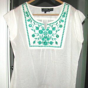 GREEN Trim with Sequins on WHITE Cotton Blouse Size 2X Amanda's Collection